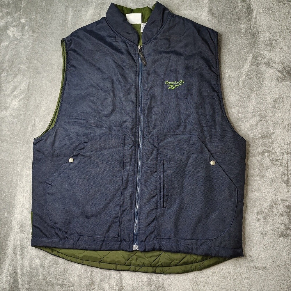 Vintage Reebok Vest Mens Large Blue Full Zip Quilted Lined Snap Pockets Loose - Picture 1 of 16